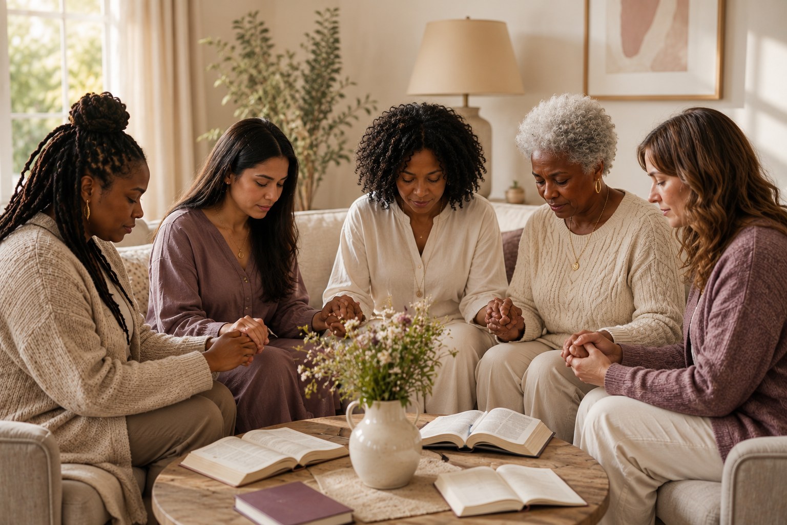 A diverse circle of women holding hands in fellowship and prayer
