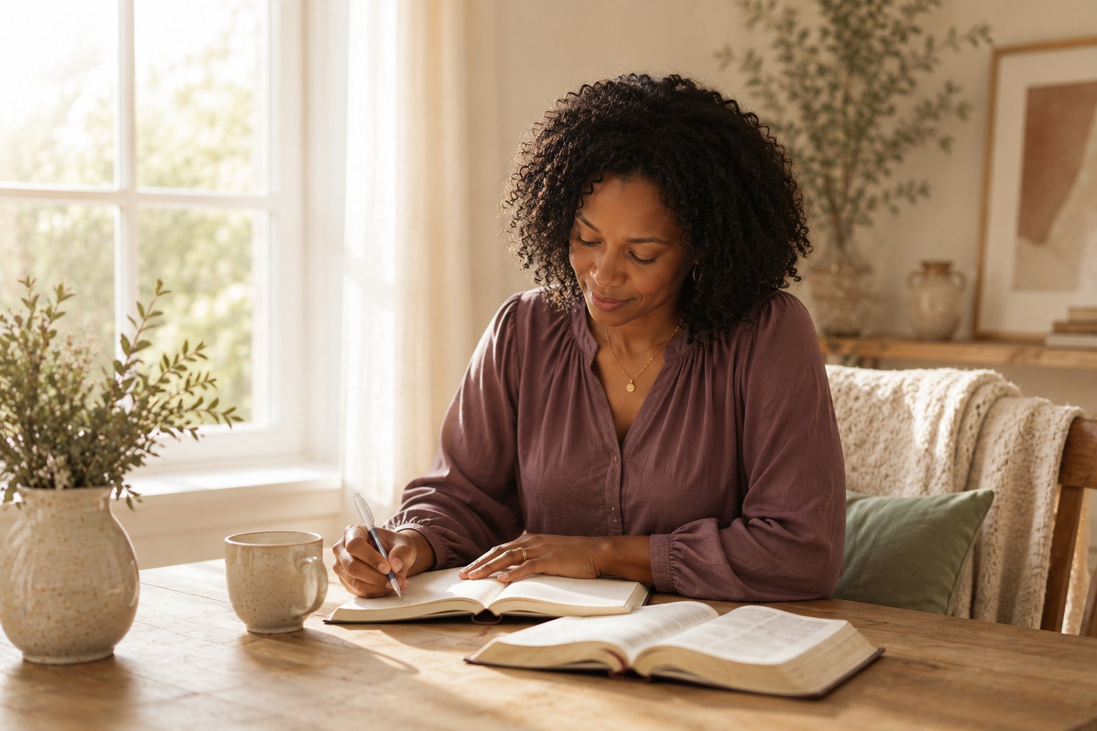 A Black woman journaling peacefully beside a bright window